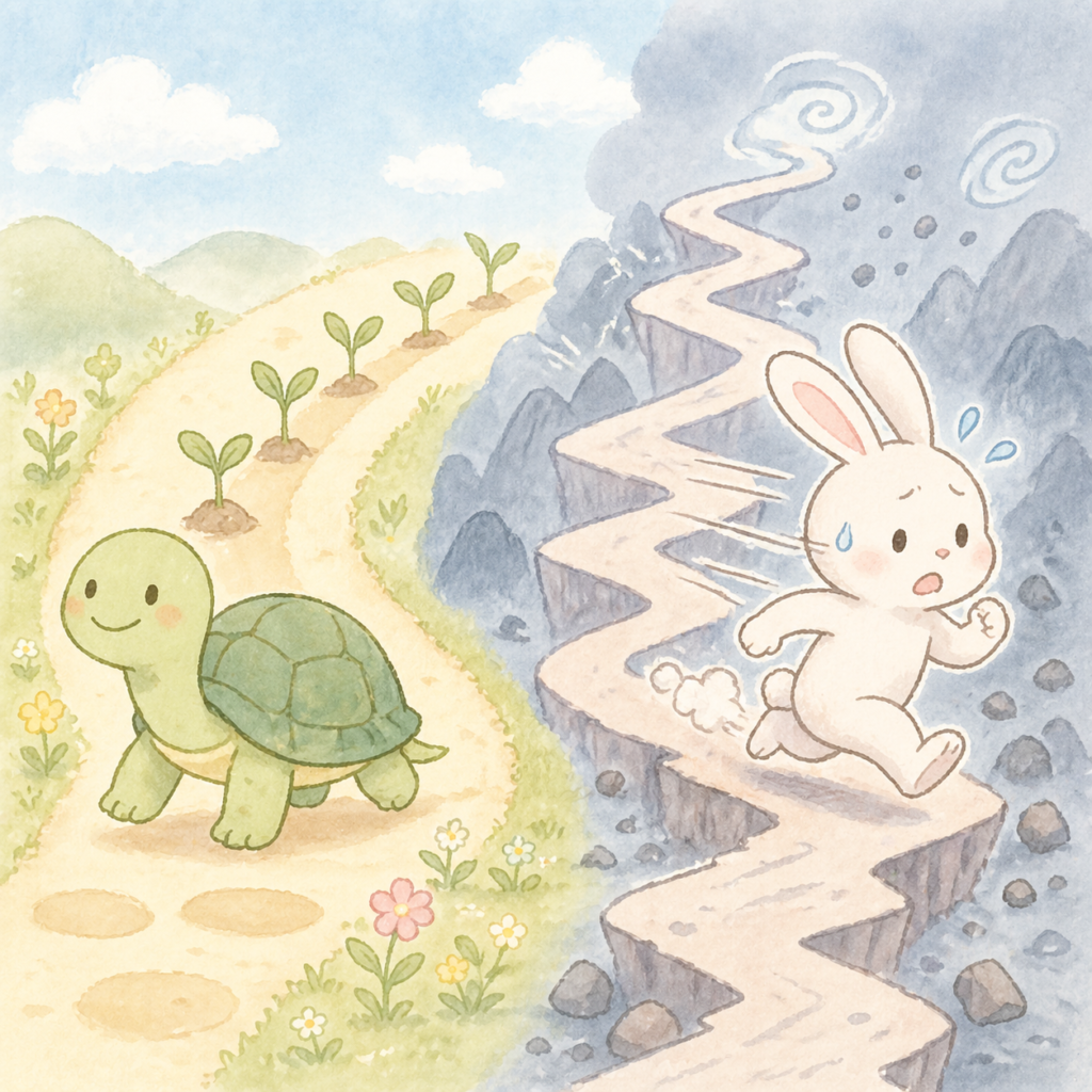 積立投資(亀)と投機(ウサギ)を対比したイラスト