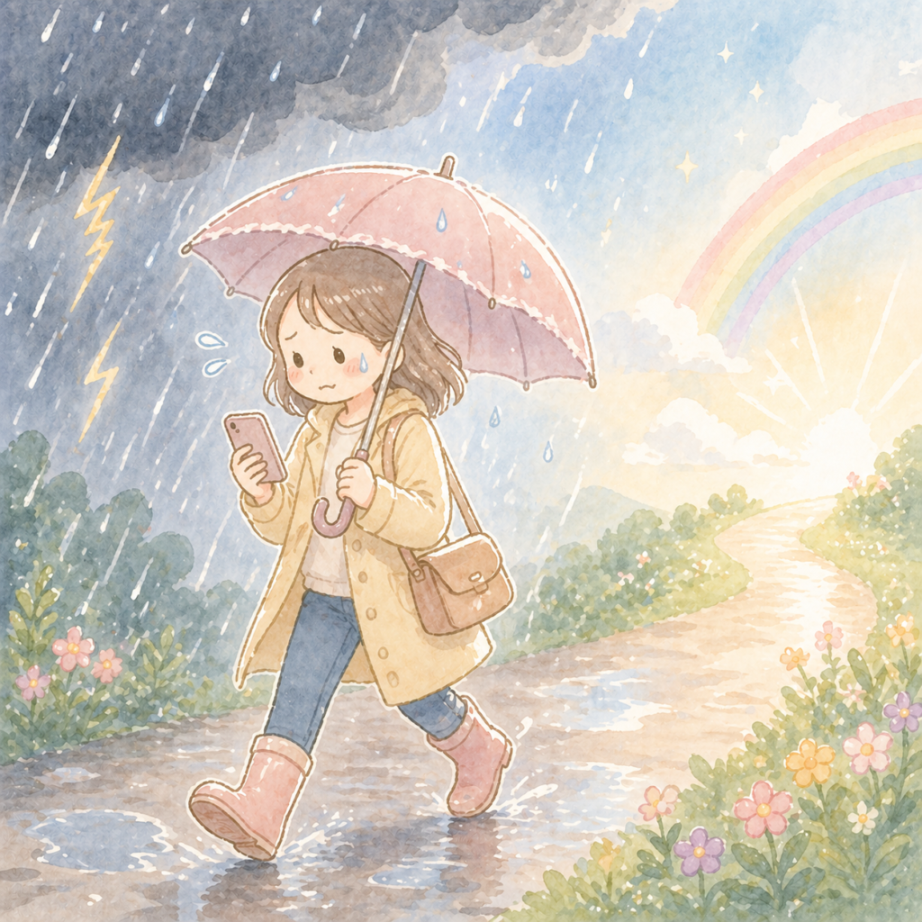 暴落の嵐の中でも積立を続ける女性のイラスト