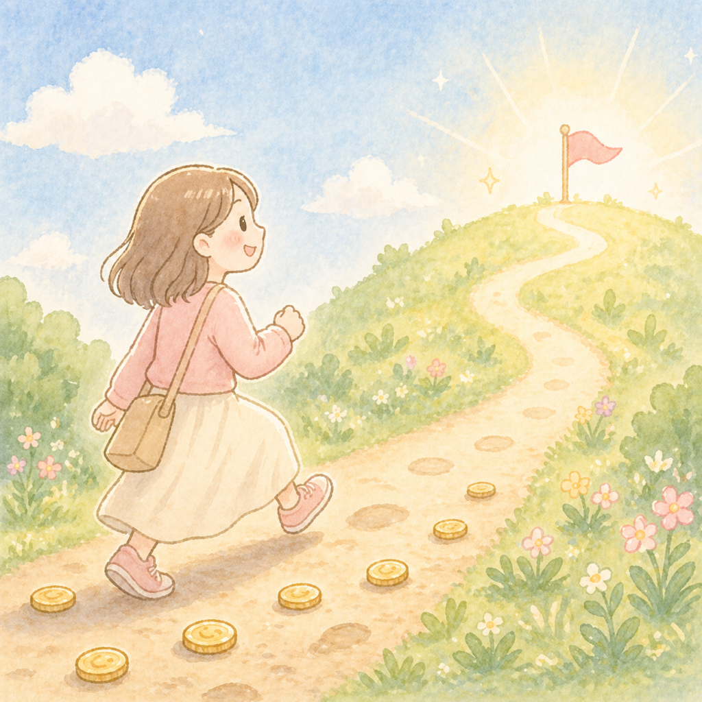 新NISAで一歩踏み出す女性とゴールの旗のイラスト
