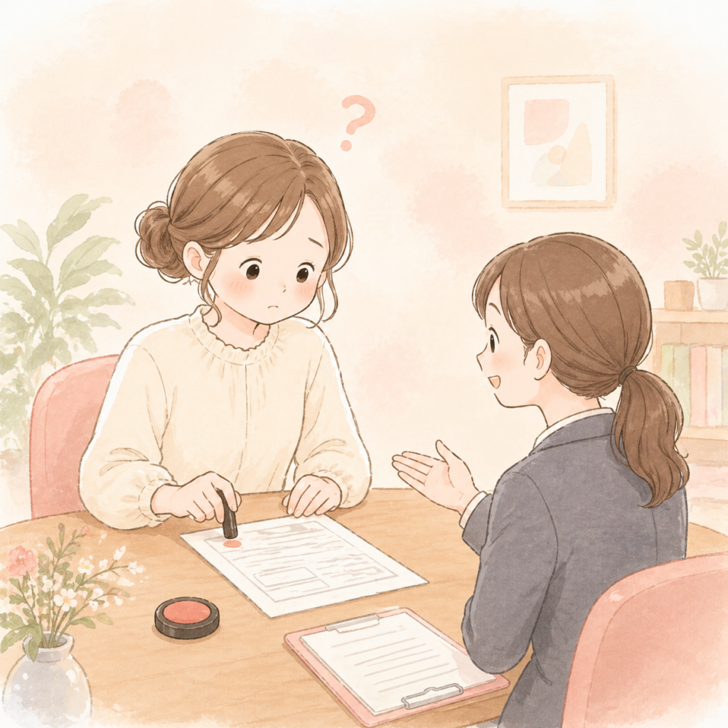 保険屋さんに言われるまま契約する女性のイラスト