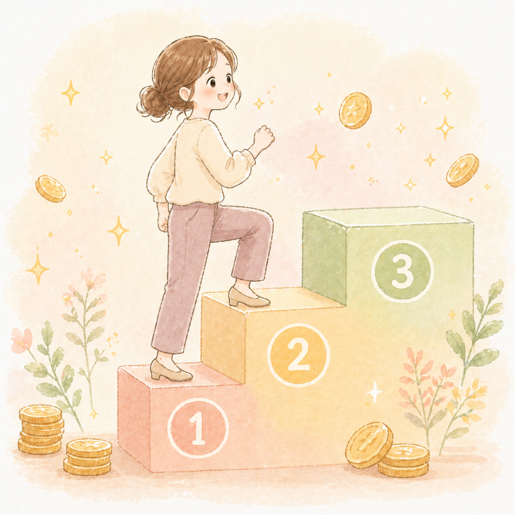 教育費準備の3ステップを階段で表したイラスト