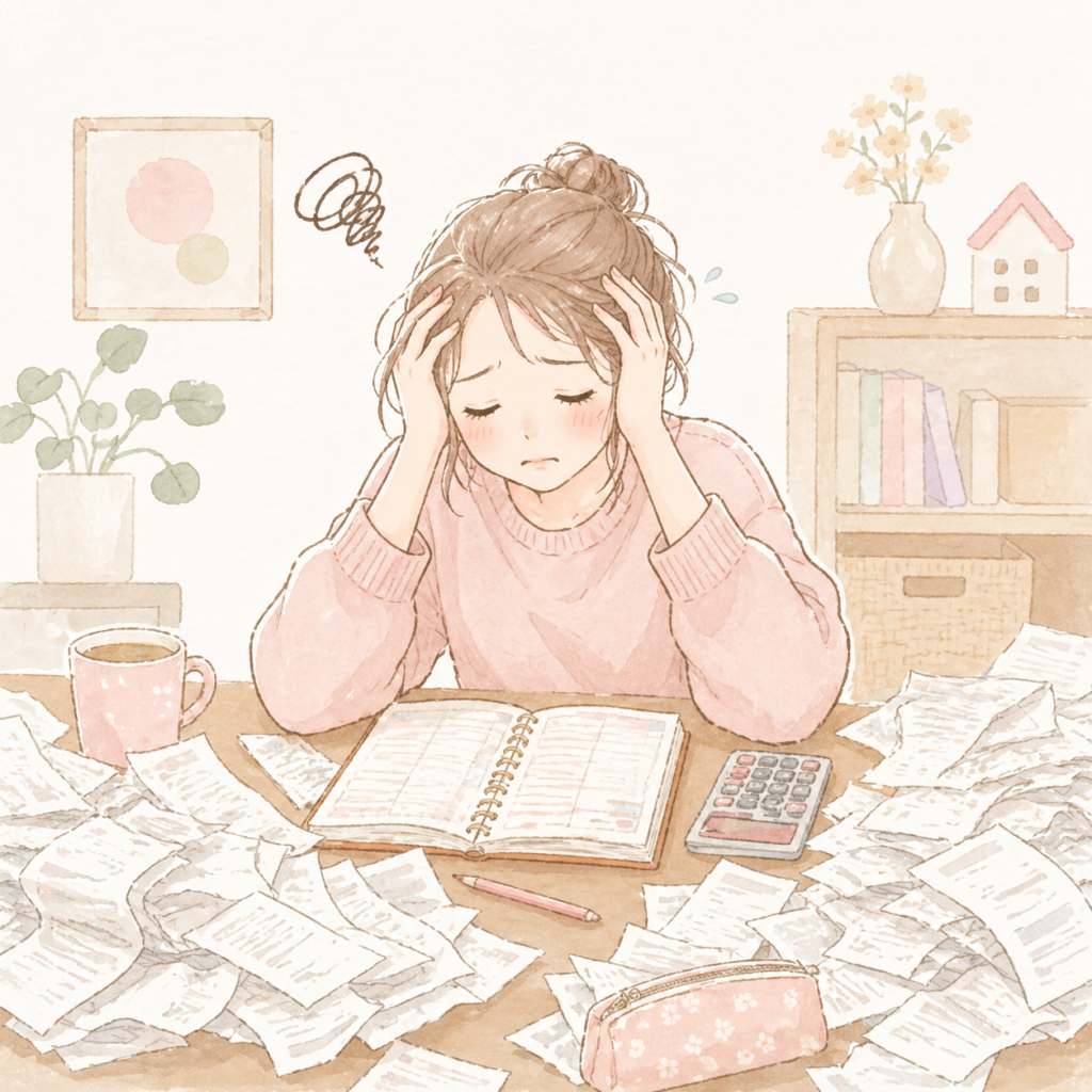 レシートが山積みで困り顔の女性