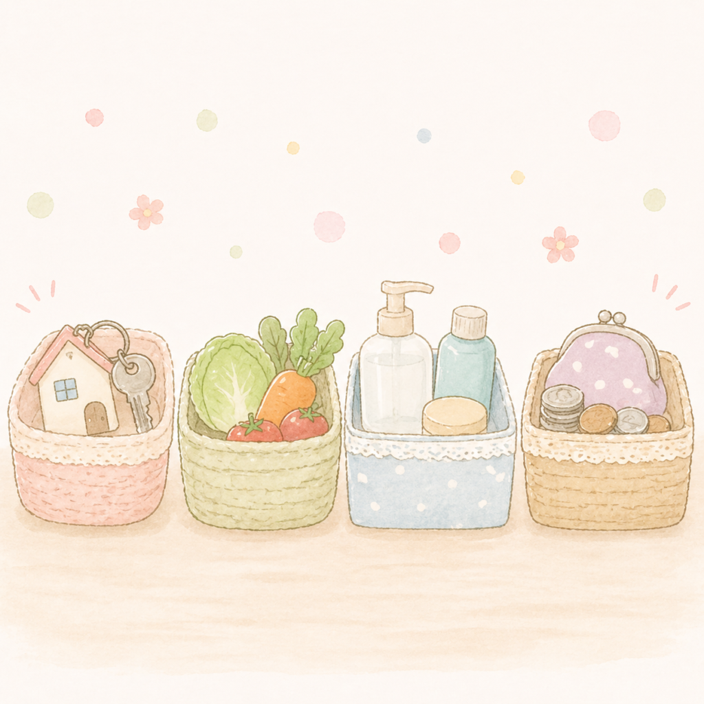 ４つのカゴに仕分けられた生活アイテム