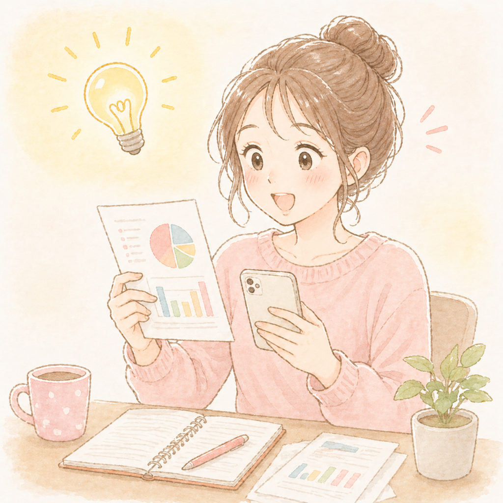 書類を見てひらめき顔の女性