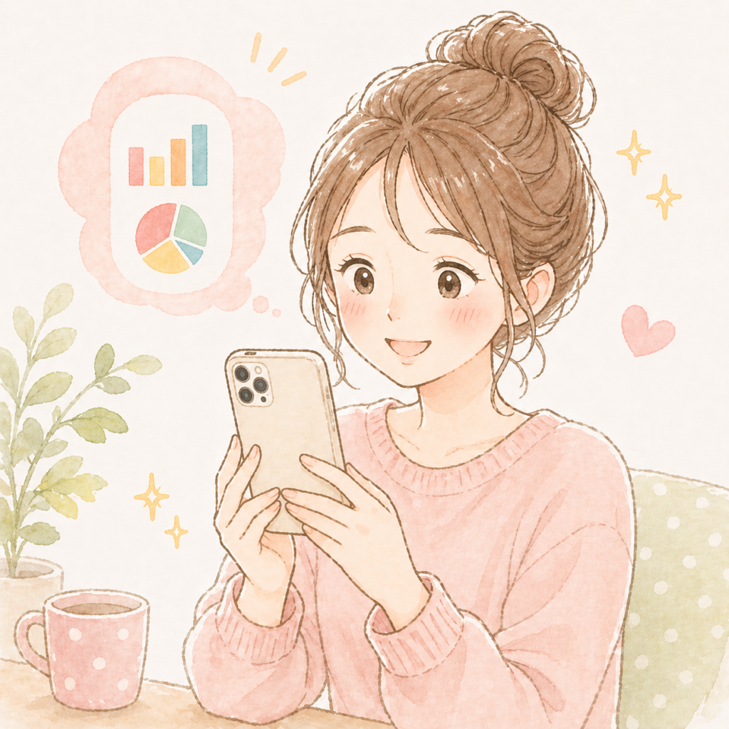スマホで家計管理アプリを操作してにっこりする女性のイラスト