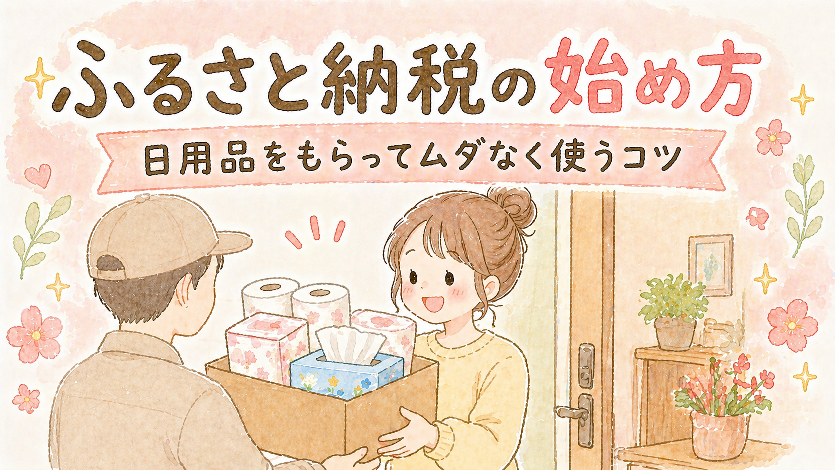 ふるさと納税の返礼品を受け取って喜ぶ女性のイラスト