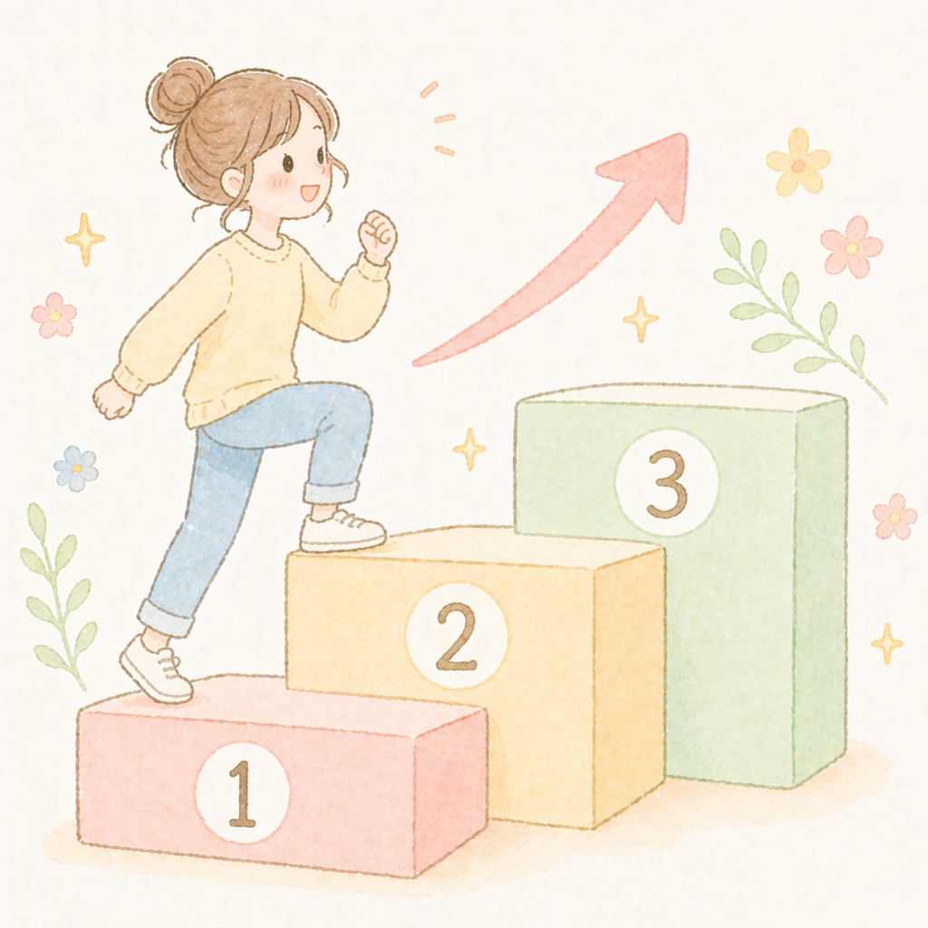 ①②③の階段を女性が上っているイラスト
