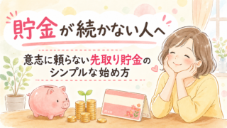 先取り貯金で通帳残高が増えて喜ぶ女性のイラスト