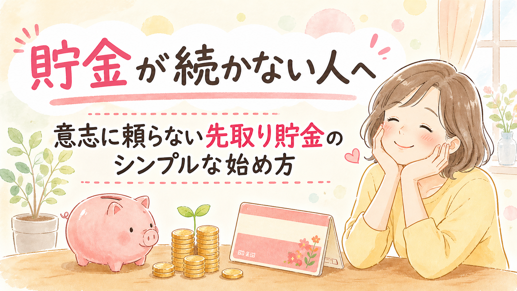 先取り貯金で通帳残高が増えて喜ぶ女性のイラスト