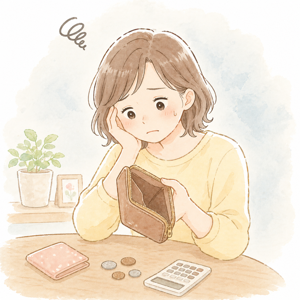 お金が残らなくて困る女性のイラスト