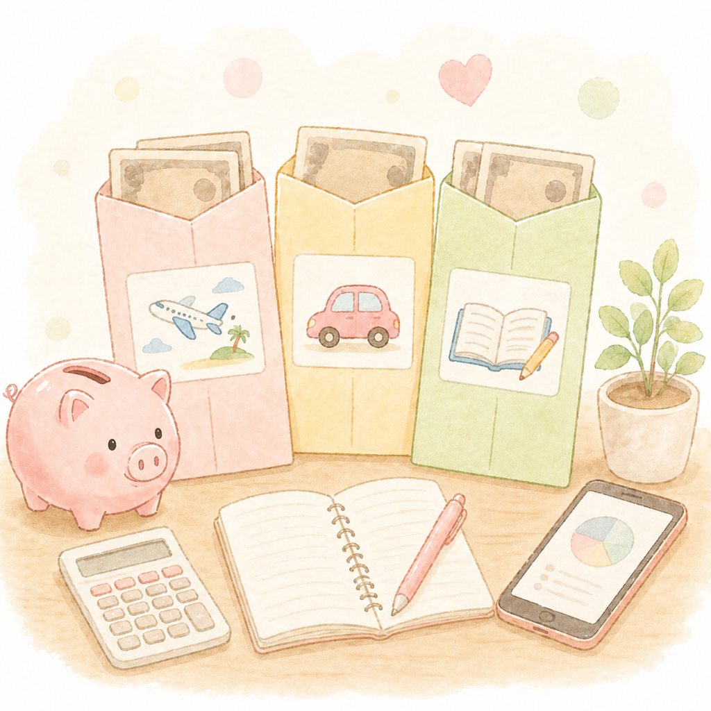 旅行・車・教育費の目的別口座を封筒で管理するイラスト