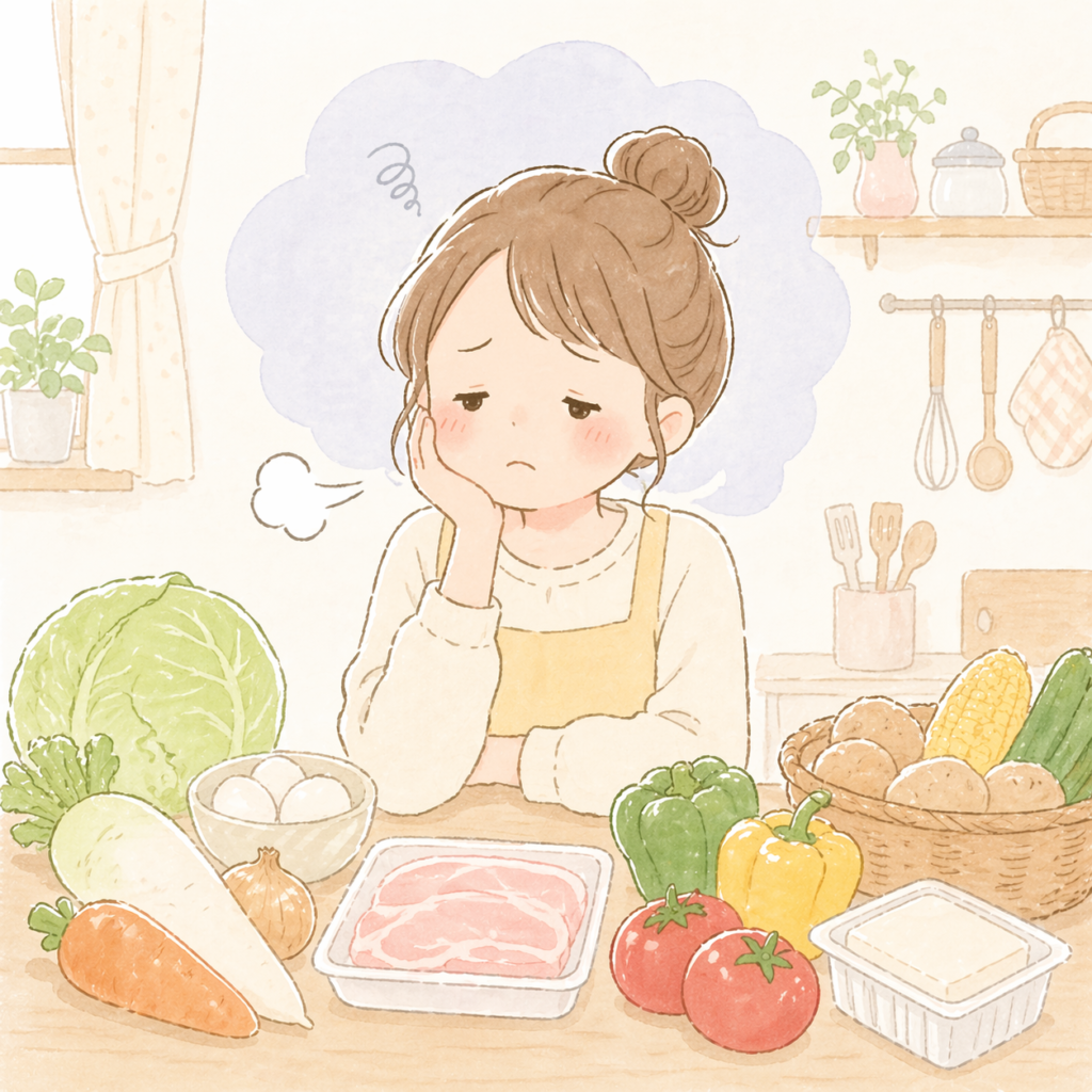 食費節約に悩む女性のイラスト