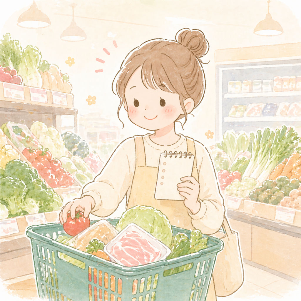 買い物メモを持ってスーパーで買い物する女性のイラスト