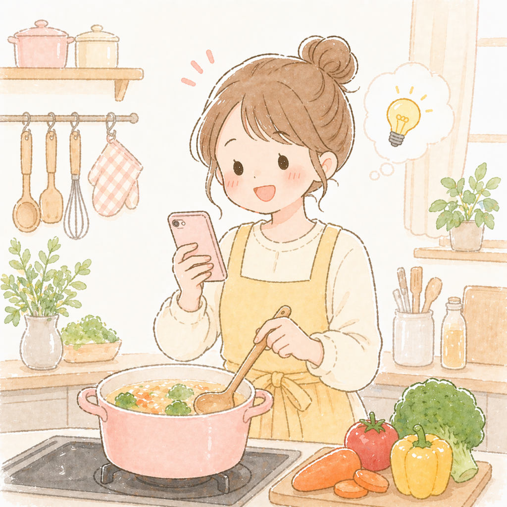 スマホを見ながら料理を作っている女性のイラスト
