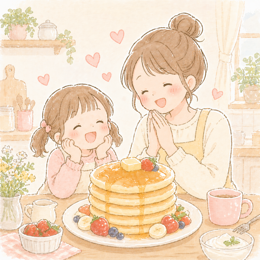 子どもと一緒にパンケーキを楽しむ女性のイラスト