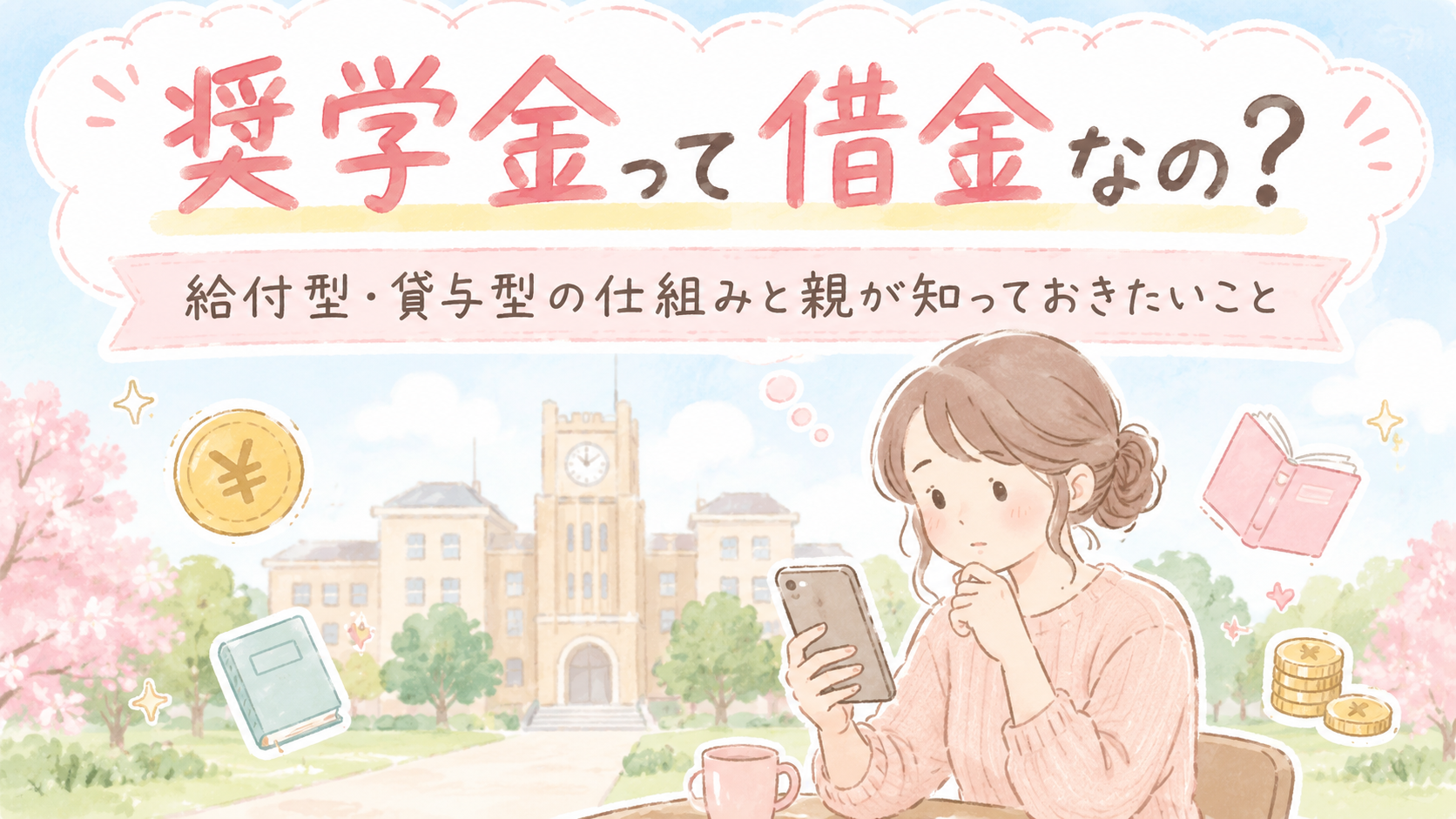 奨学金の仕組みを調べながら子どもの将来を考える女性のイラスト