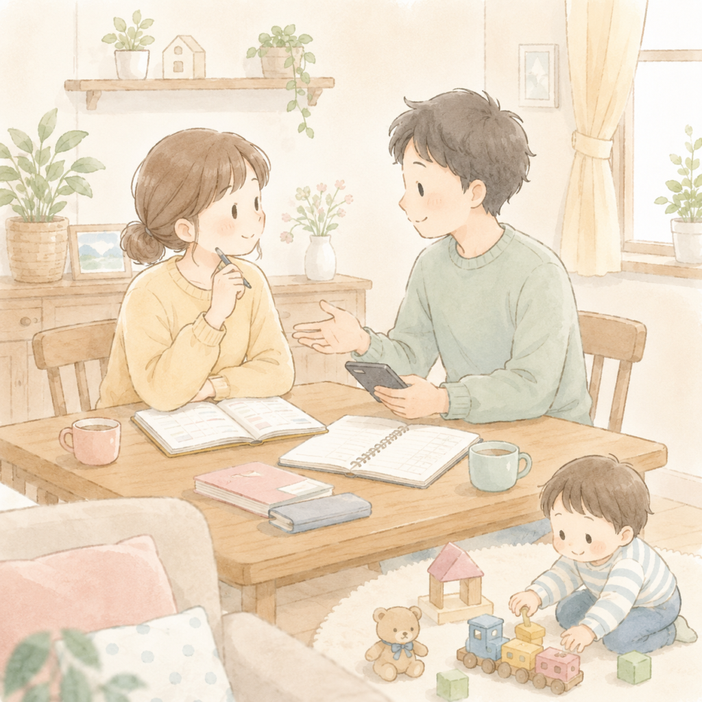 奨学金について夫婦で話し合う子育て中のカップルのイラスト