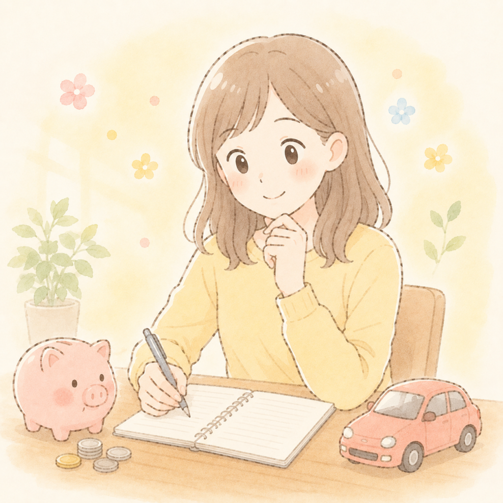家計全体でお金を管理しながら車の購入を検討している女性のイラスト