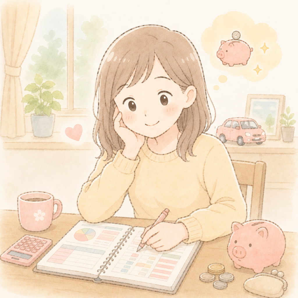 家計全体でお金の計画を立てている女性のイラスト