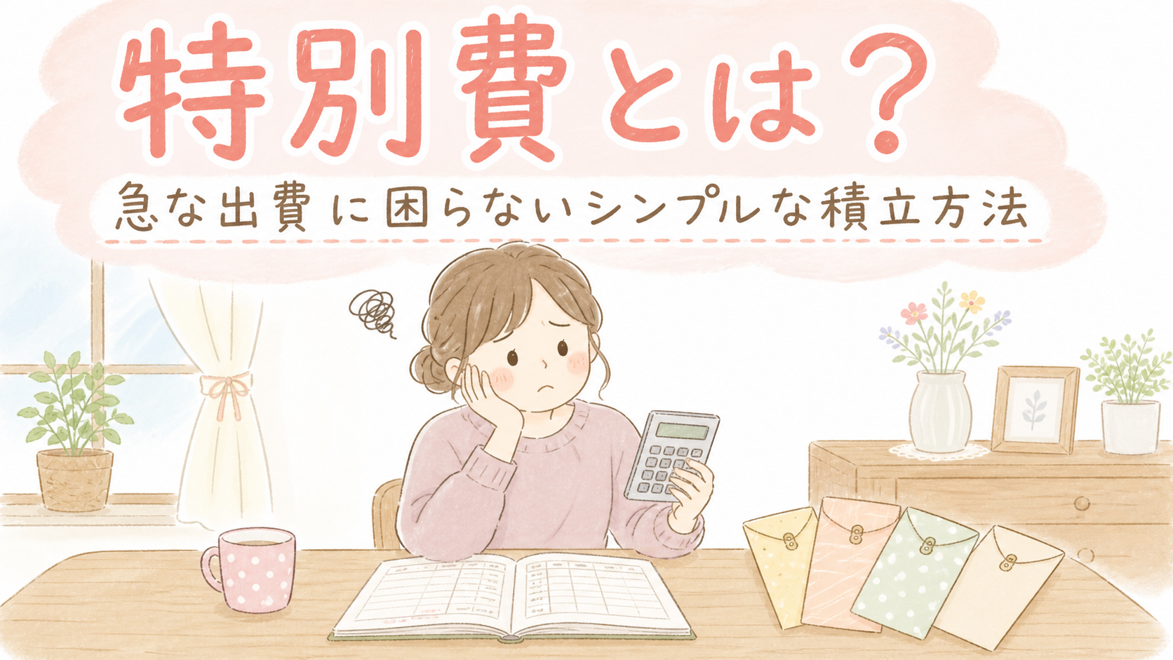 急な出費に困る女性と家計簿・封筒のイラスト