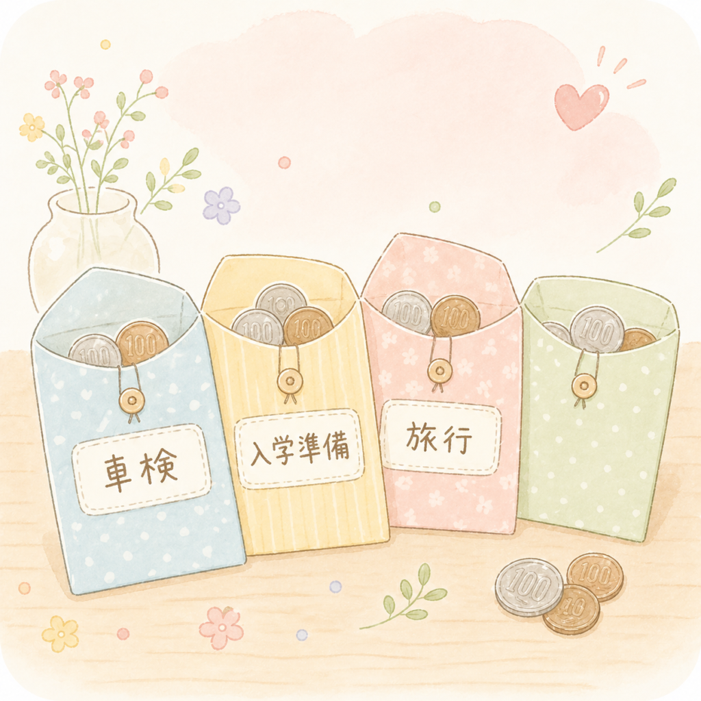 特別費を封筒や口座にラベルを張って分けて管理するイラスト