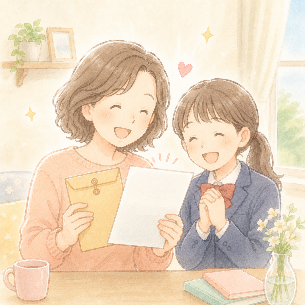 支援を受けてほっとした表情の親子のイラスト