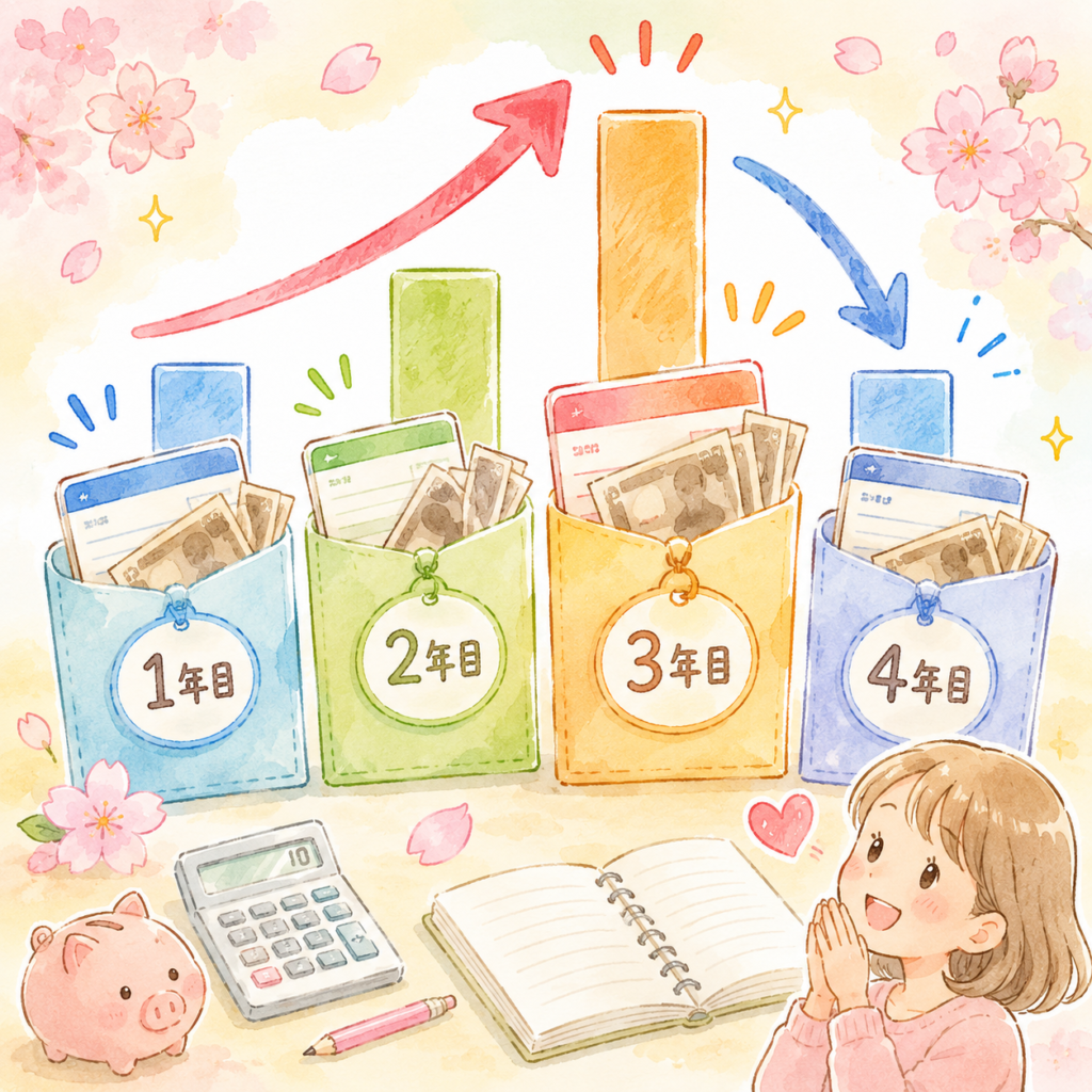大学費用の年次別推移と大学無償化の効果