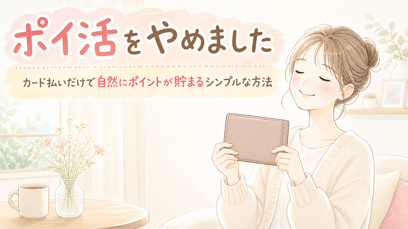 ポイ活をやめてシンプルな財布を持つ女性のイラスト