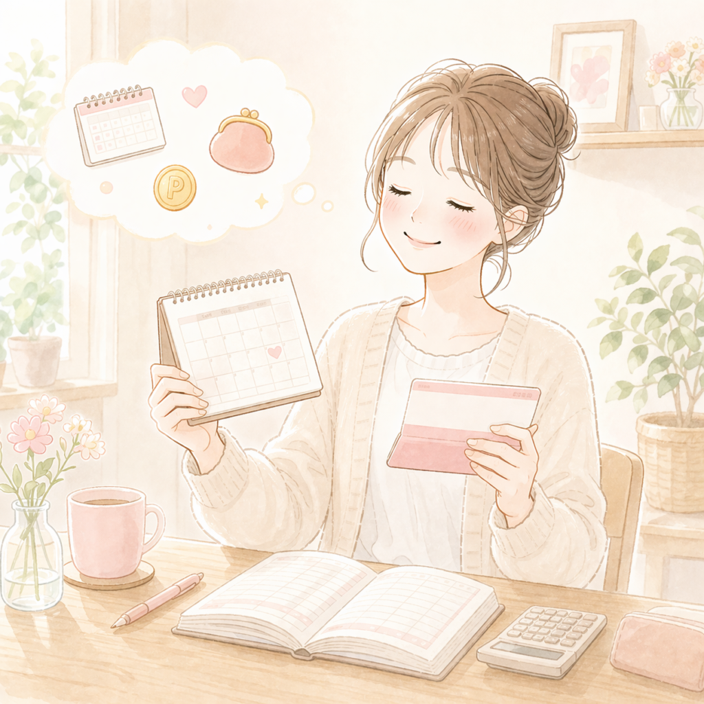 カレンダーと通帳で引き落とし日を確認する女性のイラスト