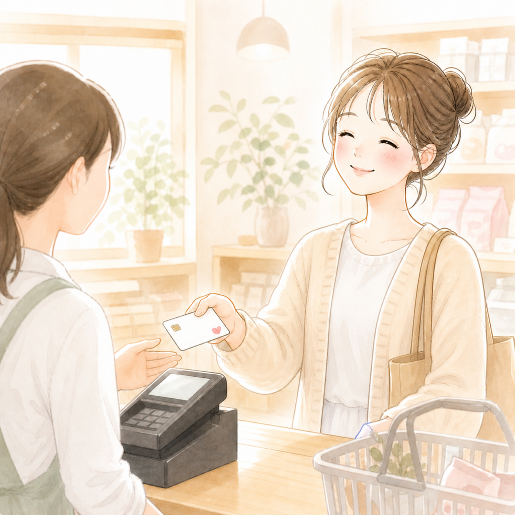 レジでカード払いをする女性のイラスト