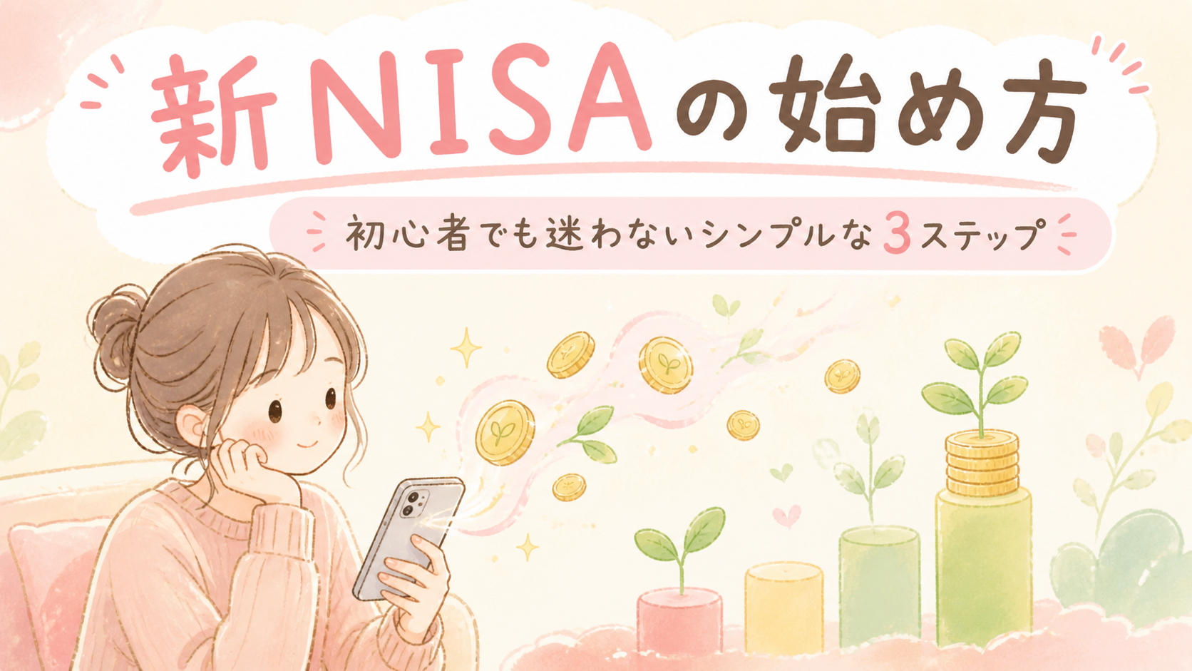 スマホで新NISAを調べている女性のイラスト