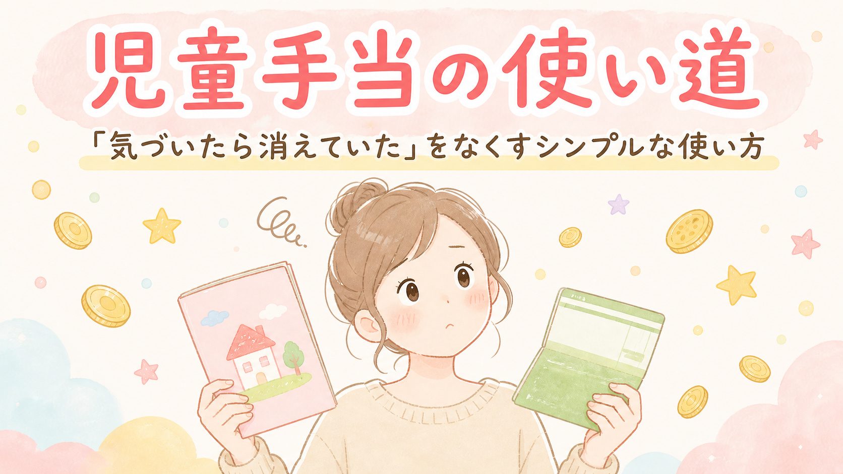 児童手当の通知書と通帳を見ながら使いみちを考える女性のイラスト
