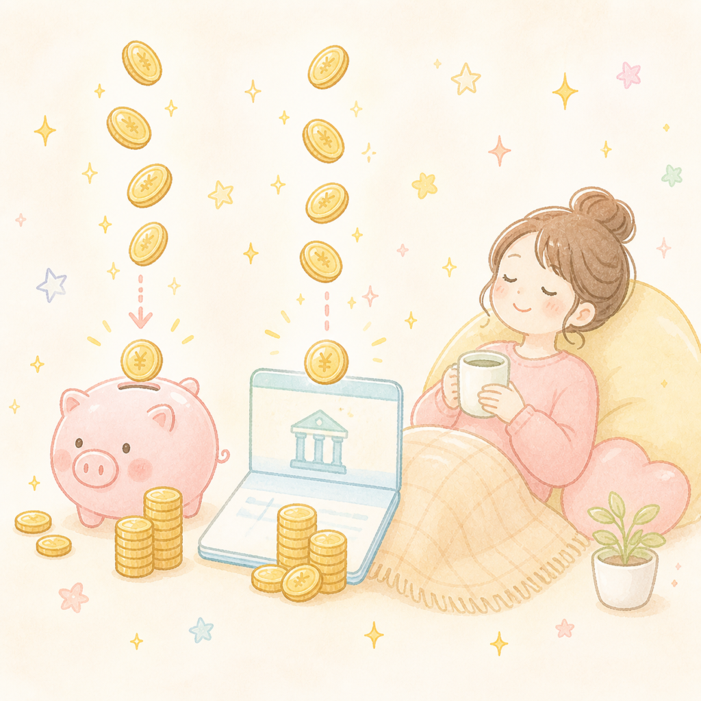 設定でお金が毎月自動的に積みあがっていくイメージのイラスト