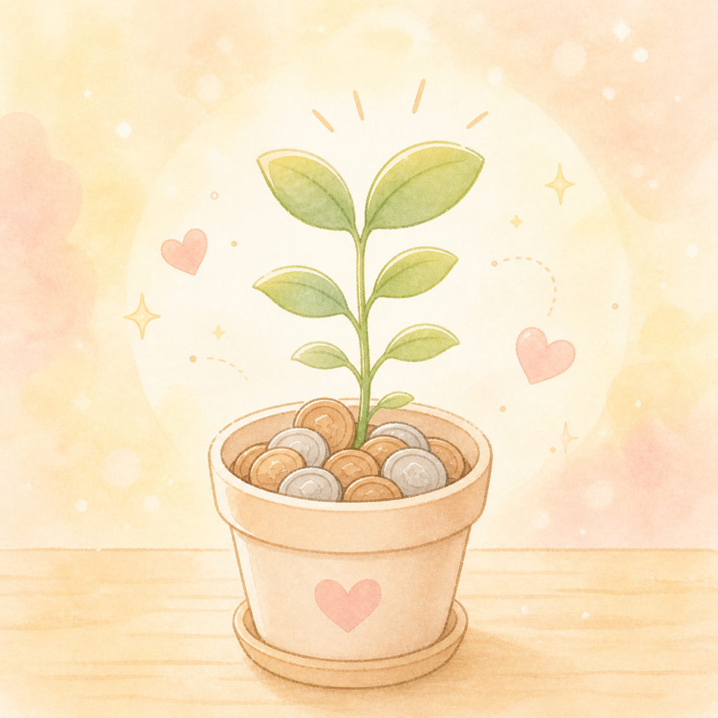 少額の声員が積み重なって植物が育つイラスト