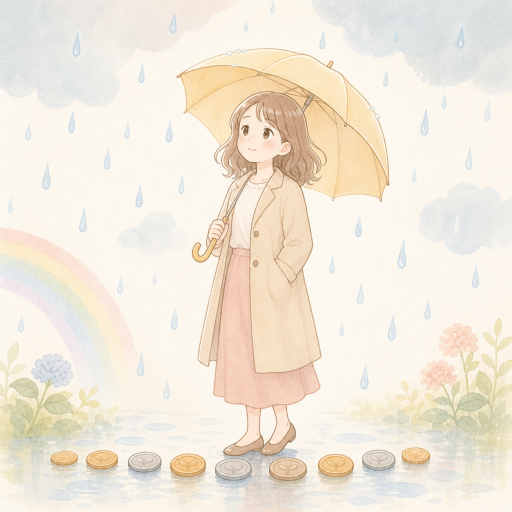 相場が下落しても傘をさして落ち着いている女性のイラスト