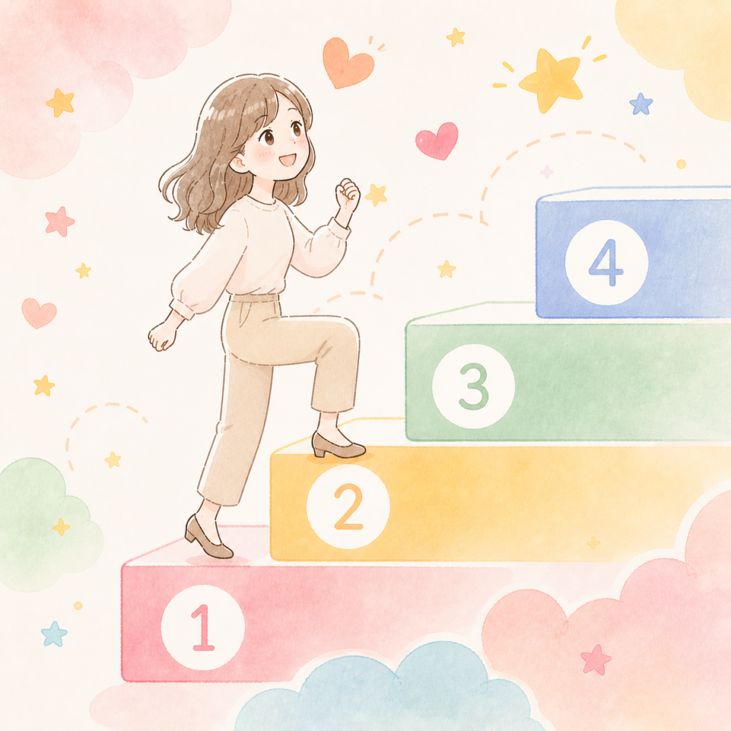 積立投資の金額を決める４つのステップを階段で上る女性のイラスト