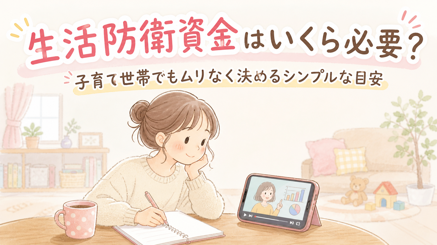 スマホでYouTubeを見ながらお金の情報をメモしている女性のイラスト