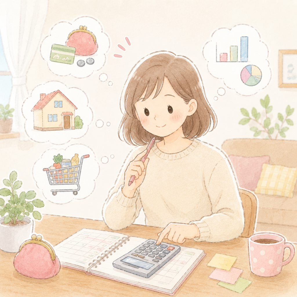 生活防衛資金の目標金額を電卓で計算している女性のイラスト