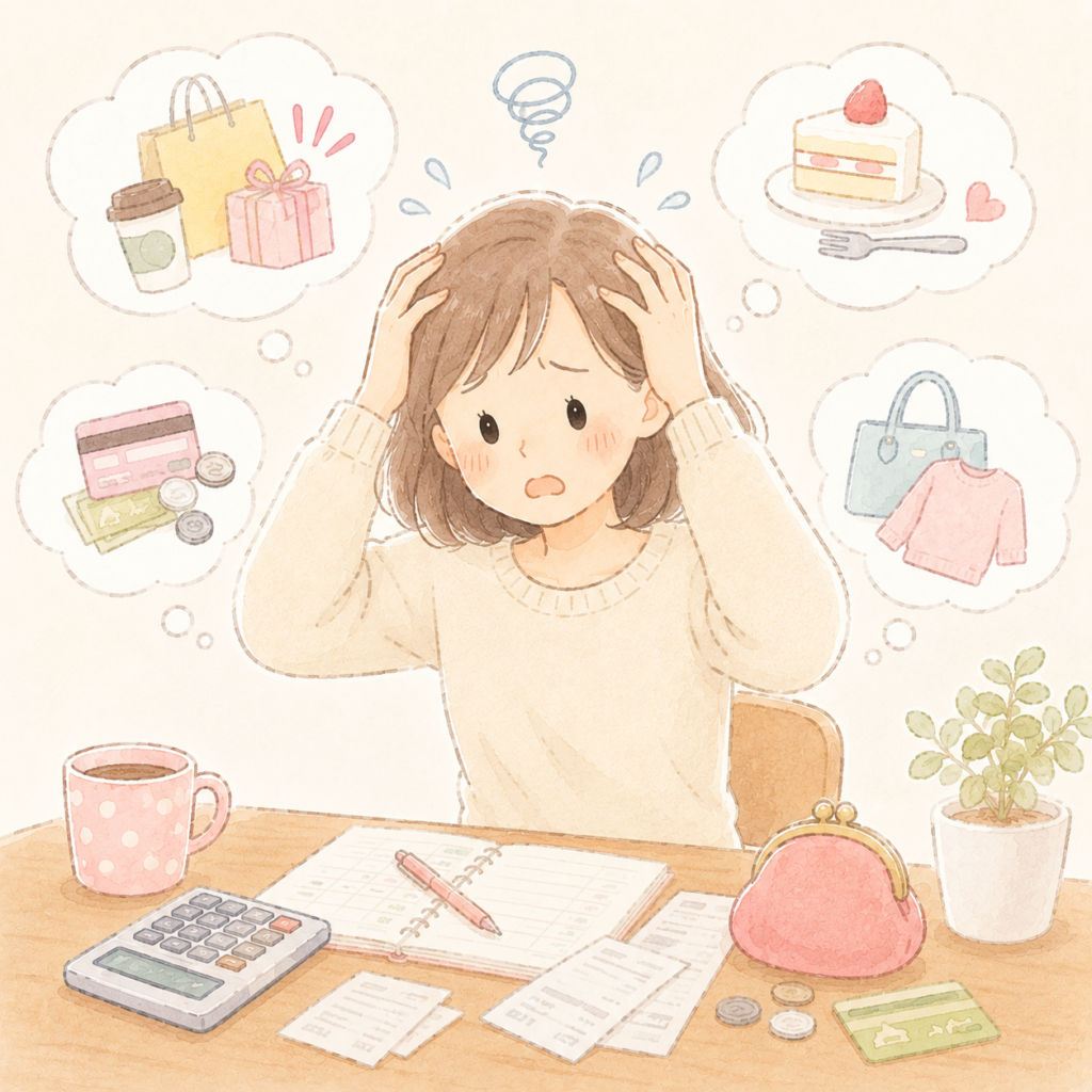 生活防衛資金の管理でつまずいて困っている女性のイラスト