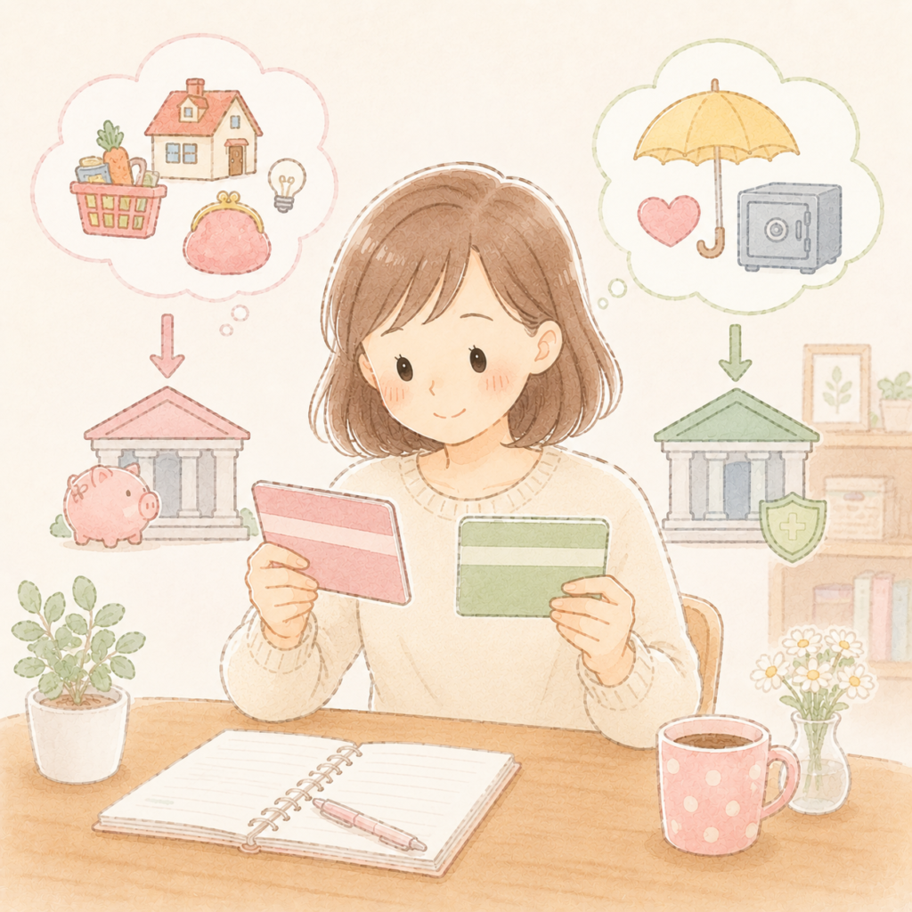 生活防衛資金用と日常用で通帳を2つに分けて管理している女性のイラスト