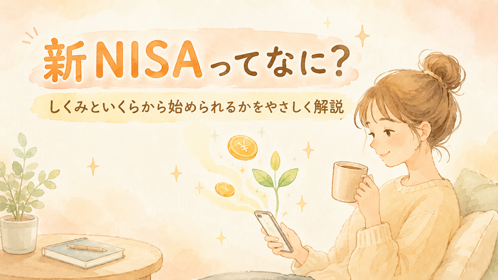 スマホで新NISAについて調べている女性のイラスト