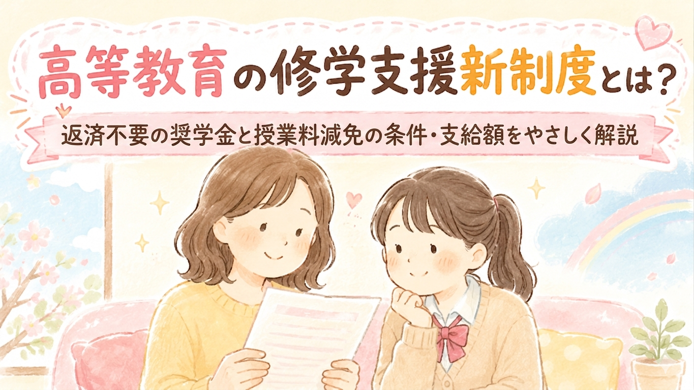 高等教育の修学支援新制度の授業料減免と給付型奨学金の条件・支給額についてやさしく解説するイラスト