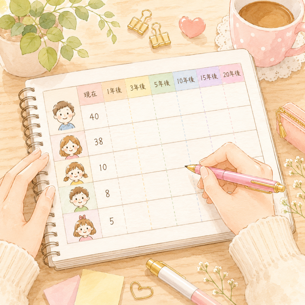 ライフイベント表に家族の年齢を書き込んでいる様子