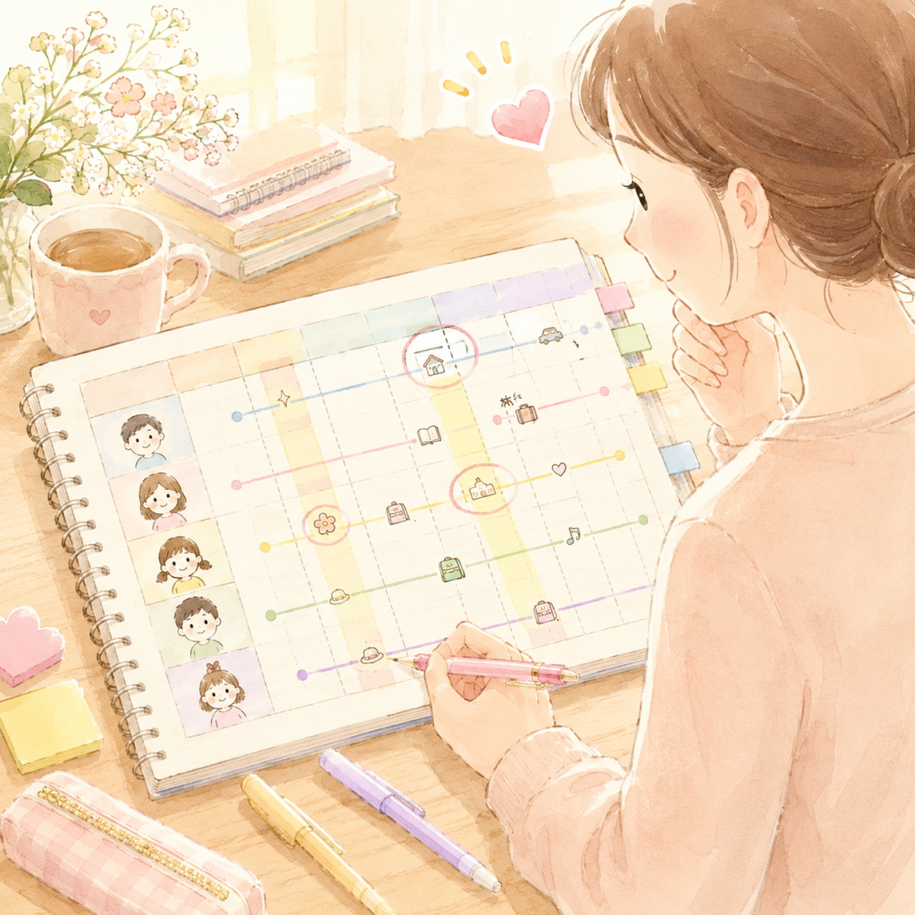 ライフイベント表を見て出費が重なる年を確認している様子