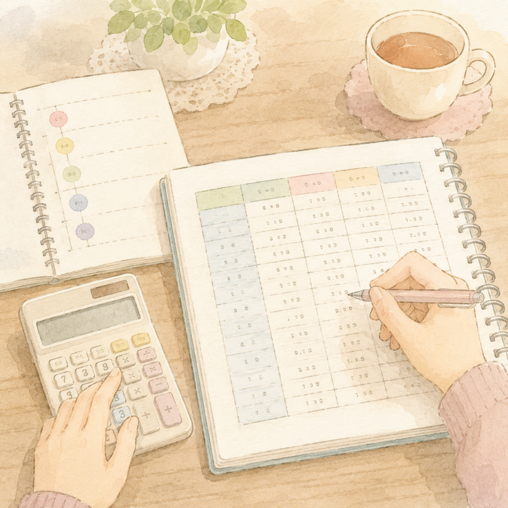 キャッシュフロー表に毎年の収支と貯蓄残高を書き込んでいる様子