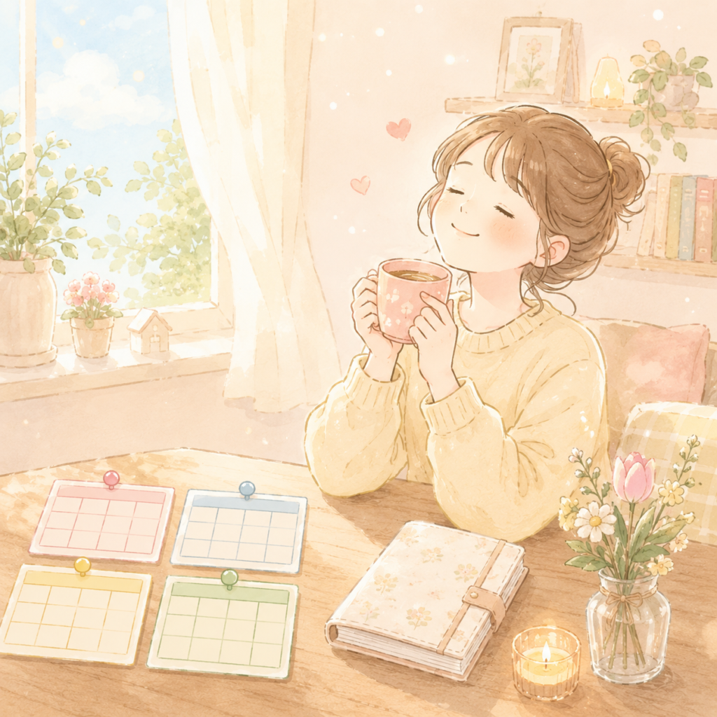 ライフプランを作り終えてほっとひと息つく女性のイラスト