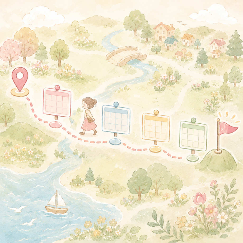 4つの表が道のようにつながってライフプランになる様子のイラスト