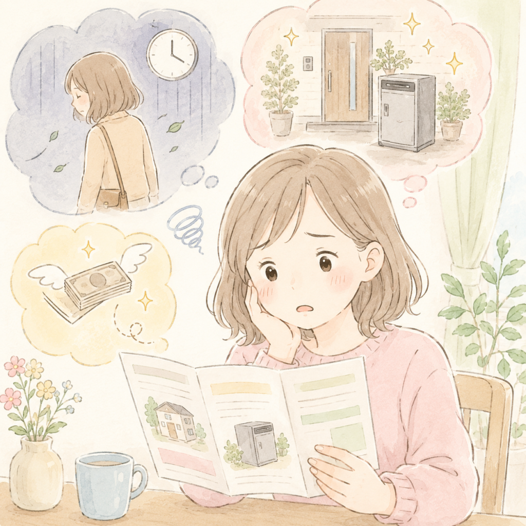 自治体の支援制度を知って残念がる女性のイラスト