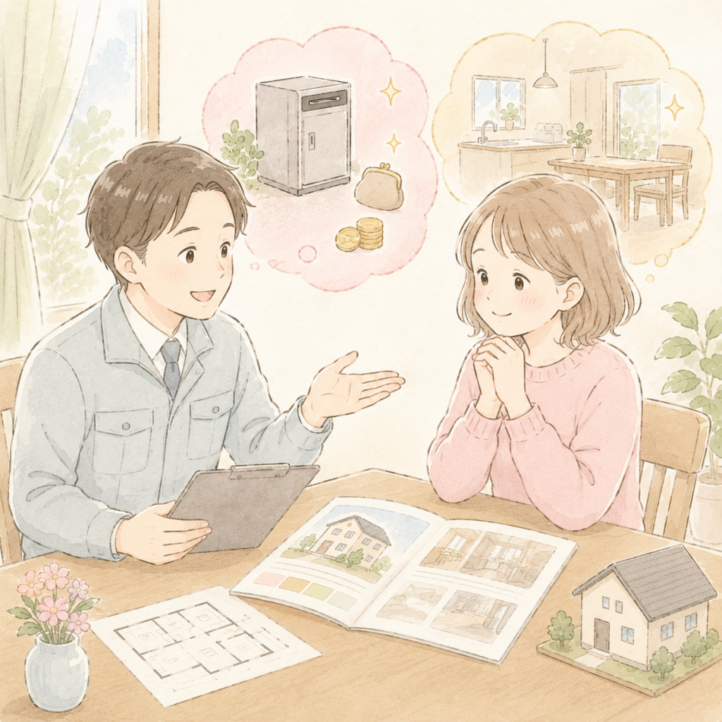 リフォーム業者から補助金の説明を受ける女性のイラスト