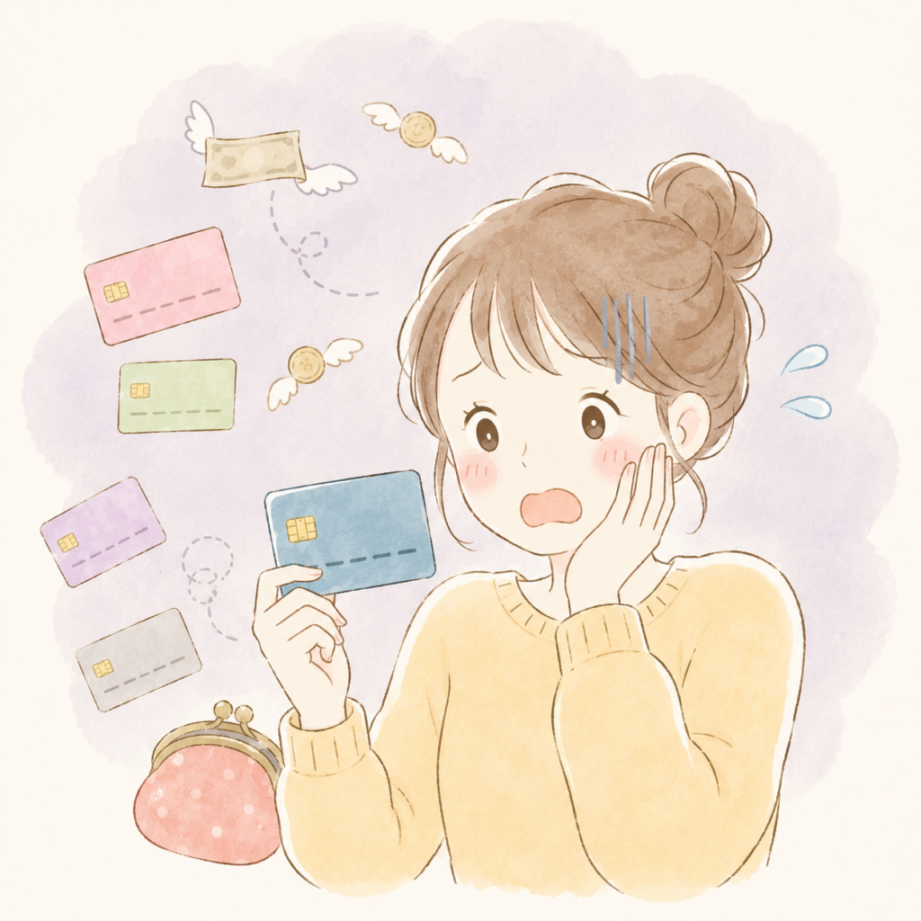 クレジットカードを見て後悔した表情の女性のイラスト